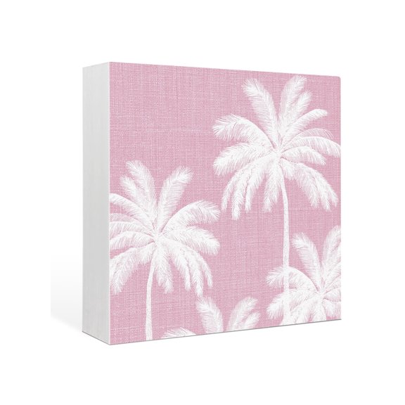 Wood Box Sign Tropical Palm Trees Square Boxes Sgin Desk Decor Decorative Wood Block Plaque Peach Pink Linen Coastal Wooden Signs for Home Tabletop Shelf Wall Office Room Table Decor Gifts 6"x6"
