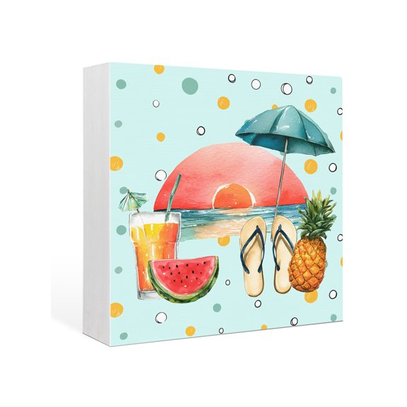 Wood Box Sign Tropical Summer Beach Sunset Square Boxes Sgin Desk Decor Decorative Wood Block Plaque Pineapple Watermelon Wooden Signs for Home Tabletop Shelf Wall Office Table Decor Gifts 6"x6"