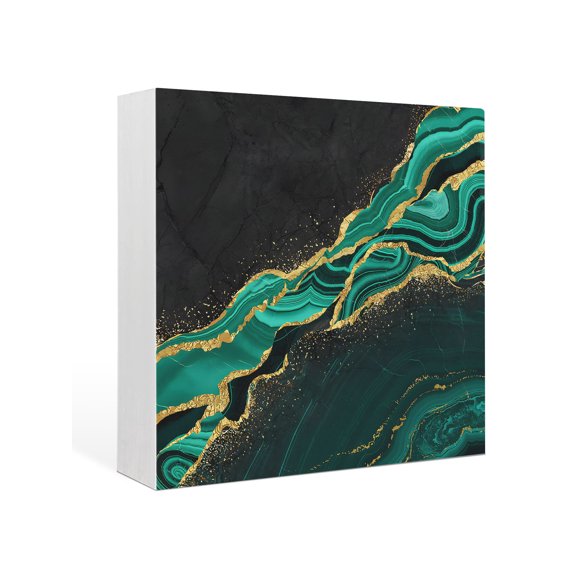 Wood Box Sign Turquoise Abstract Marble Square Boxes Sgin Desk Decor Decorative Wood Block Plaque Black Malachite Gold Veins Wooden Signs for Home Tabletop Shelf Wall Office Table Decor Gifts 6"x6"