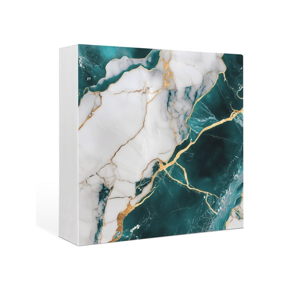 Wood Box Sign Turquoise Abstract Marble Square Boxes Sgin Desk Decor Decorative Wood Block Plaque Gold White Modern Wooden Signs for Home Tabletop Shelf Wall Office Room Table Decor Gifts 6"x6"