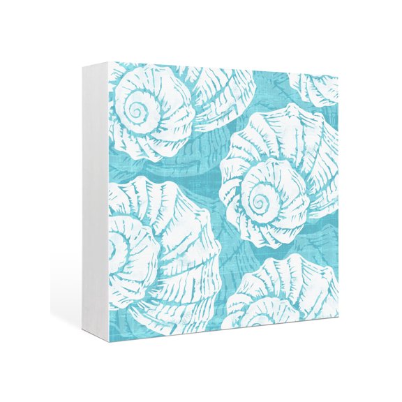 Wood Box Sign Turquoise Coastal Shells Square Boxes Sgin Desk Decor Decorative Wood Block Plaque Ocean Conch Marine Life Wooden Signs for Home Tabletop Shelf Wall Office Room Table Decor Gifts 6"x6"