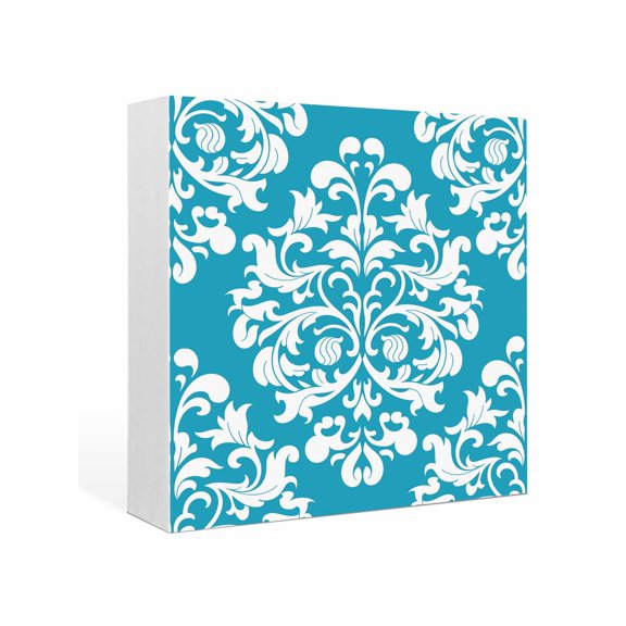 Wood Box Sign Turquoise Flower Square Boxes Sgin Desk Decor Decorative Wood Block Plaque Classical Luxury Abstract Art Wooden Signs for Home Tabletop Shelf Wall Office Room Table Decor Gifts 6"x6"
