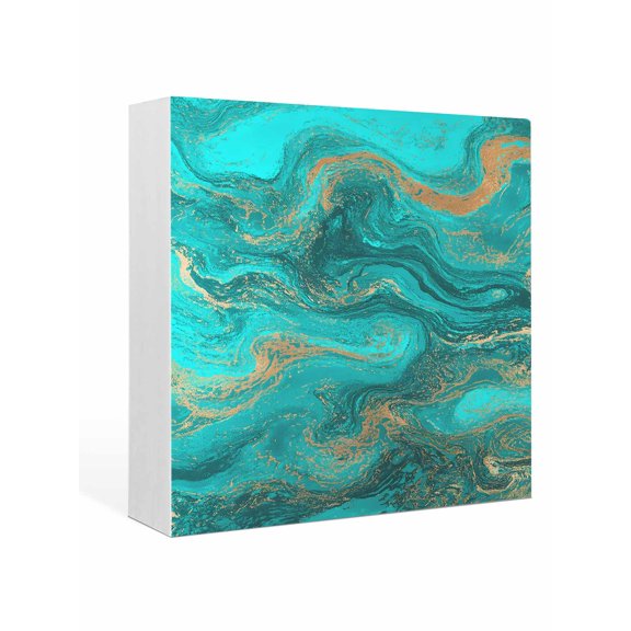 Wood Box Sign Turquoise Marble Square Boxes Sgin Desk Decor Decorative Wood Block Plaque Abstract Fluid Art Wooden Signs for Home Tabletop Shelf Wall Office Room Table Decorations Gifts 6"x6"