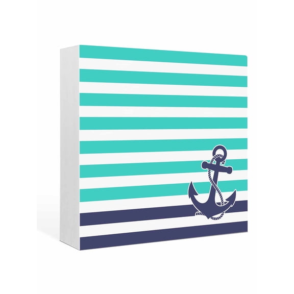 Wood Box Sign Turquoise Stripes Square Boxes Sgin Desk Decor Decorative Wood Block Plaque Navy Blue Nautical Anchor Wooden Signs for Home Tabletop Shelf Wall Office Room Table Decor Gifts 6"x6"