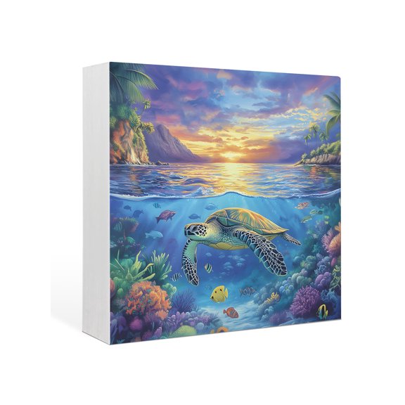 Wood Box Sign Water World Square Boxes Sgin Desk Decor Decorative Wood Block Plaque Turtles Corals Tropical Fish Wooden Signs for Home Tabletop Shelf Wall Office Room Table Decorations Gifts 6"x6"