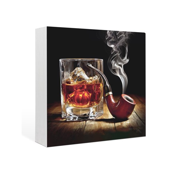Wood Box Sign Whisky Glass Square Boxes Sgin Desk Decor Decorative Wood Block Plaque Wine Old Fashioned Cigarettes Wooden Signs for Home Tabletop Shelf Wall Office Room Table Decorations Gifts 6"x6"