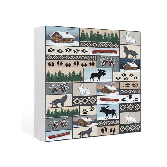 Wood Box Sign Wolf Rabbit Square Boxes Sgin Desk Decor Decorative Wood Block Plaque Wild Animals Tree Pine Forest Wooden Signs for Home Tabletop Shelf Wall Office Room Table Decorations Gifts 6"x6"