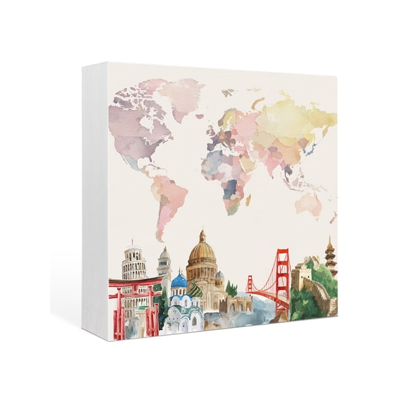 Wood Box Sign World Map Square Boxes Sgin Desk Decor Decorative Wood Block Plaque Famous Building Tourism Bridge Wooden Signs for Home Tabletop Shelf Wall Office Room Table Decorations Gifts 6"x6"