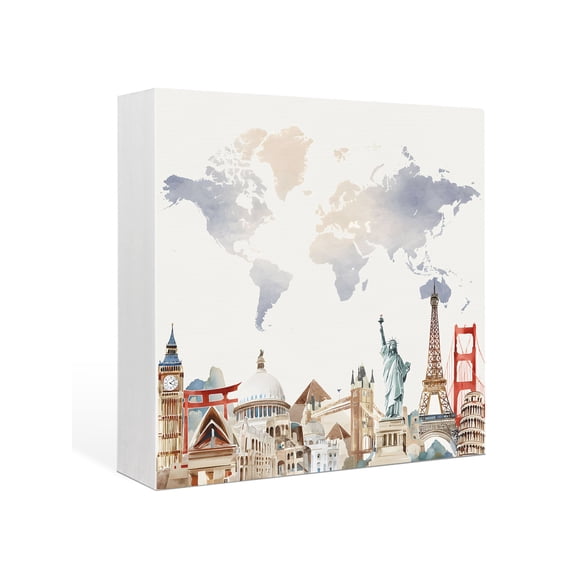 Wood Box Sign World Map Square Boxes Sgin Desk Decor Decorative Wood Block Plaque Famous Building Tourism Landscape Wooden Signs for Home Tabletop Shelf Wall Office Room Table Decor Gifts 6"x6"