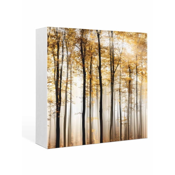 Wood Box Sign Yellow Autumn Maple Forest Square Boxes Sgin Desk Decor Decorative Wood Block Plaque Misty Forest Trees Wooden Signs for Home Tabletop Shelf Wall Office Room Table Decor Gifts 6"x6"