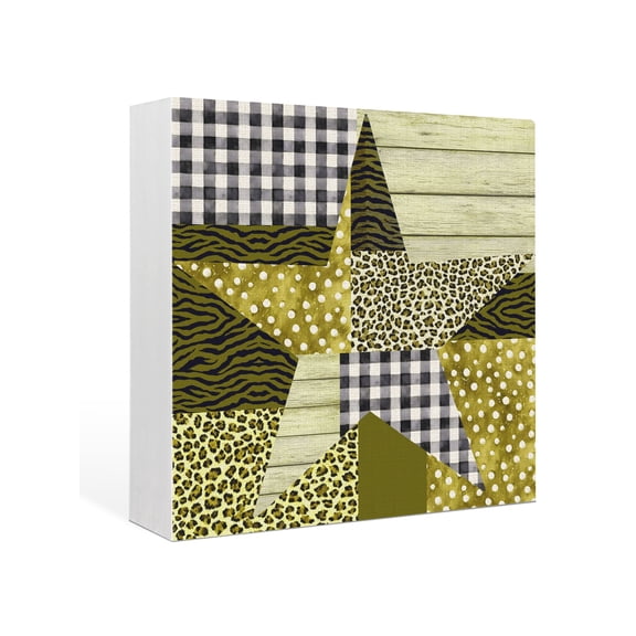 Wood Box Sign Yellow Barn Star Plaid Square Boxes Sgin Desk Decor Decorative Wood Block Plaque Dots Zebra Leopard Print Wooden Signs for Home Tabletop Shelf Wall Office Room Table Decor Gifts 6"x6"
