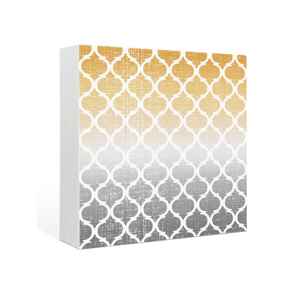 Wood Box Sign Yellow and Grey Square Boxes Sgin Desk Decor Decorative Wood Block Plaque Ombre Gradient Morocco Pattern Wooden Signs for Home Tabletop Shelf Wall Office Room Table Decor Gifts 6"x6"