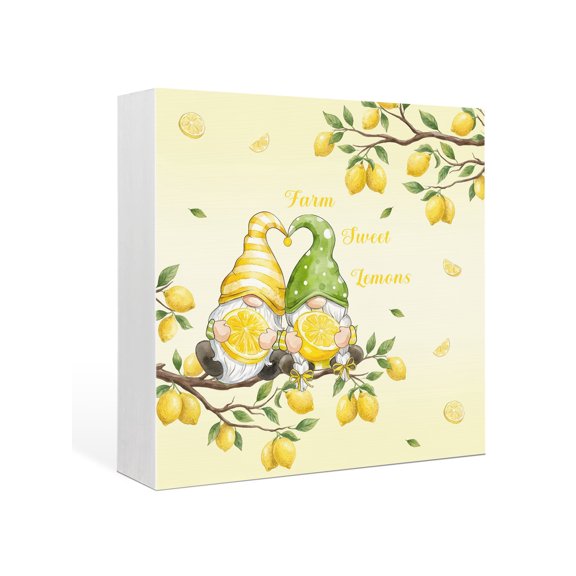 Wood Box Sign Yellow Lemon Gnomes Square Boxes Sgin Desk Decor Decorative Wood Block Plaque Summer Fruit Branches Wooden Signs for Home Tabletop Shelf Wall Office Room Table Decorations Gifts 6"x6"
