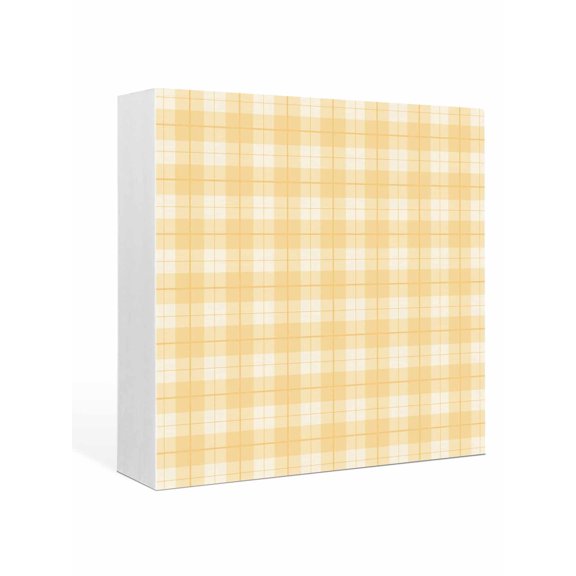 Wood Box Sign Yellow Lines Buffalo Plaid Square Boxes Sgin Desk Decor Decorative Wood Block Plaque Weave Checked Wooden Signs for Home Tabletop Shelf Wall Office Room Table Decorations Gifts 6"x6"