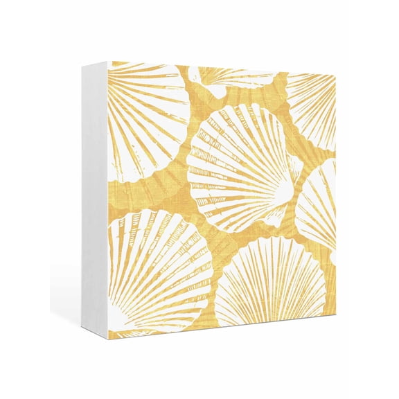 Wood Box Sign Yellow Sea Shell Square Boxes Sgin Desk Decor Decorative Wood Block Plaque Coastal Ocean Scallop Wooden Signs for Home Tabletop Shelf Wall Office Room Table Decorations Gifts 6"x6"