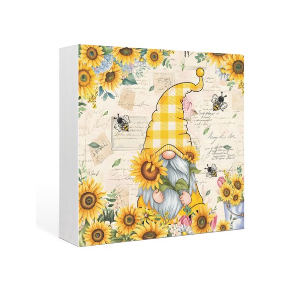 Wood Box Sign Yellow Sunflower Gnome Square Boxes Sgin Desk Decor Decorative Wood Block Plaque Bee Farmhouse Floral Wooden Signs for Home Tabletop Shelf Wall Office Room Table Decor Gifts 6"x6"