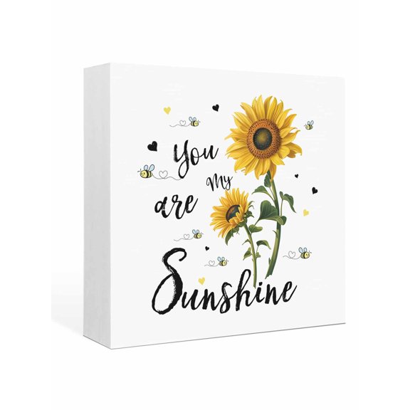 Wood Box Sign You Are My Sunshine Square Boxes Sgin Desk Decor Decorative Wood Block Plaque Bee Heart Floral Wooden Signs for Home Tabletop Shelf Wall Office Room Table Decorations Gifts 6"x6"