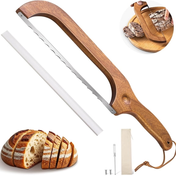 Bread Knife for Homemade Bread Sourdough, 15.7" Bow Bread Knife with Serrated Stainless Steel Blade, Wooden Bread Slicer Portable Bread Cutting Tool