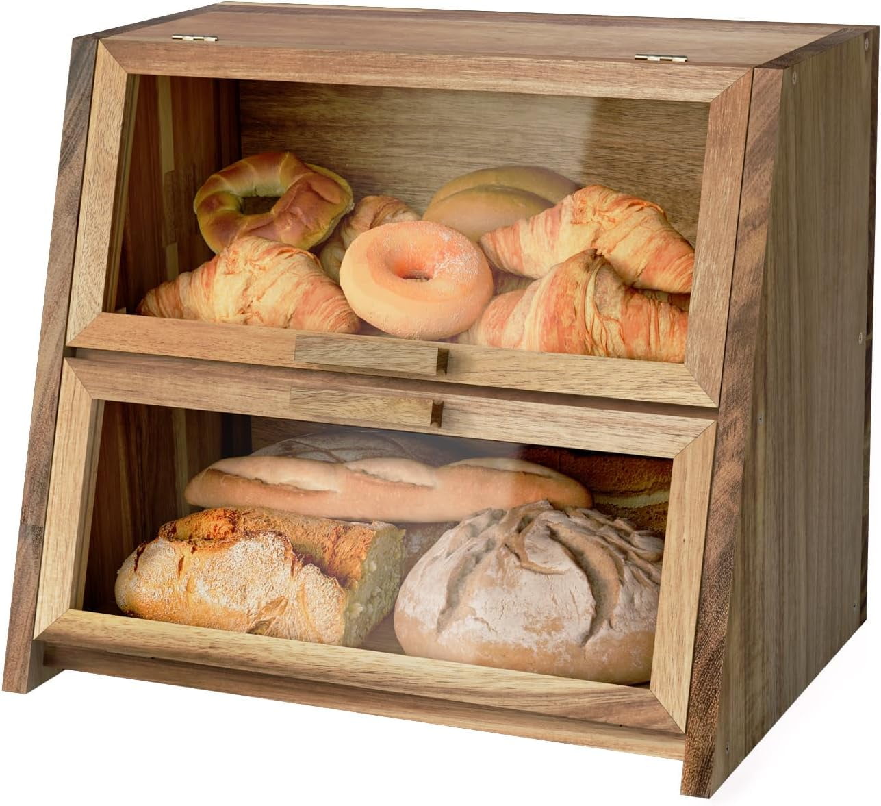 Wood Bread Box for Kitchen Countertop, Double Layer Natural Wooden