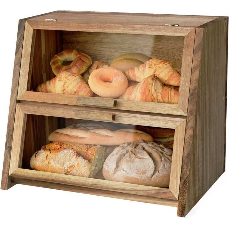 Wood Bread Box for Kitchen Countertop, Double Layer Natural Wooden