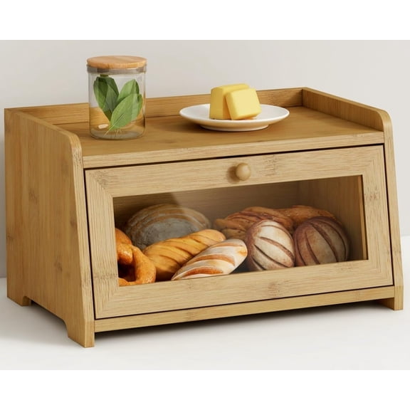 Wood Bread Box for Kithcen Countertop, Rustic Breadox Storage Container for Homemade Bread, Small Compact Bread Keeper Holder Organizer with Window (Natural Bamboo)
