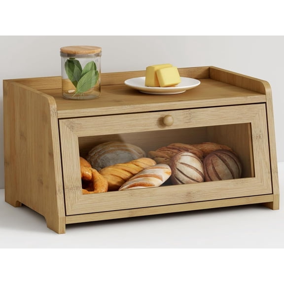 Wood Bread Box for Kithcen Countertop, Rustic Breadox Storage Container for Homemade Bread, Small Compact Bread Keeper Holder Organizer with Window (Natural Bamboo)