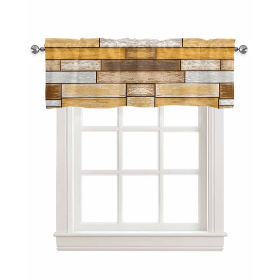 Wood Brown Linen Curtain Valance for Bedroom/Bathroom/Kitchen/Office/Living/Dining Room Window,Farmhouse Planks Barn Antique Orange Pocket Topper Drapes Decorative Cafe Drapery Panel 42"x12"