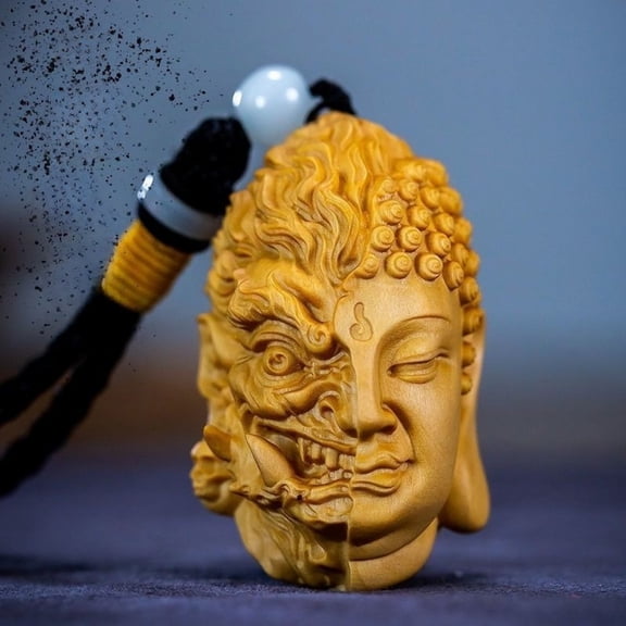 Wood Buddha Demon Pendant Hand Carved Wooden Amulet Figurine Unisex Spiritual Half Buddha Half Demon Decor