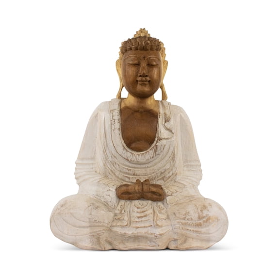 Wood Buddha Statue – Hand Carved Whitewashed Dhyana Mudra Sculpture, Zen Meditation Décor - 16" tall x 12" wide x 7" deep