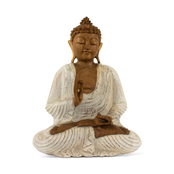 Wood Buddha Statue – Hand Carved Whitewashed Vitarka Mudra Sculpture, Zen Home Décor - 12" tall x 10" wide x 5.5" deep