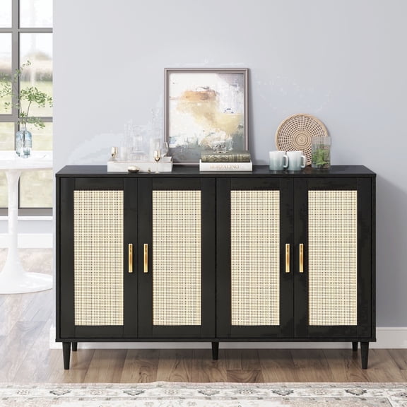 Gyger, Black Wood Storage Buffet Cabinet with 2 Adjustable Shelves, Sideboard with 4 Rattan Decorated Doors, Modern Long Cabinets, Kitchen Storage Console for Dining Room, Hallway, Accent Cabinet