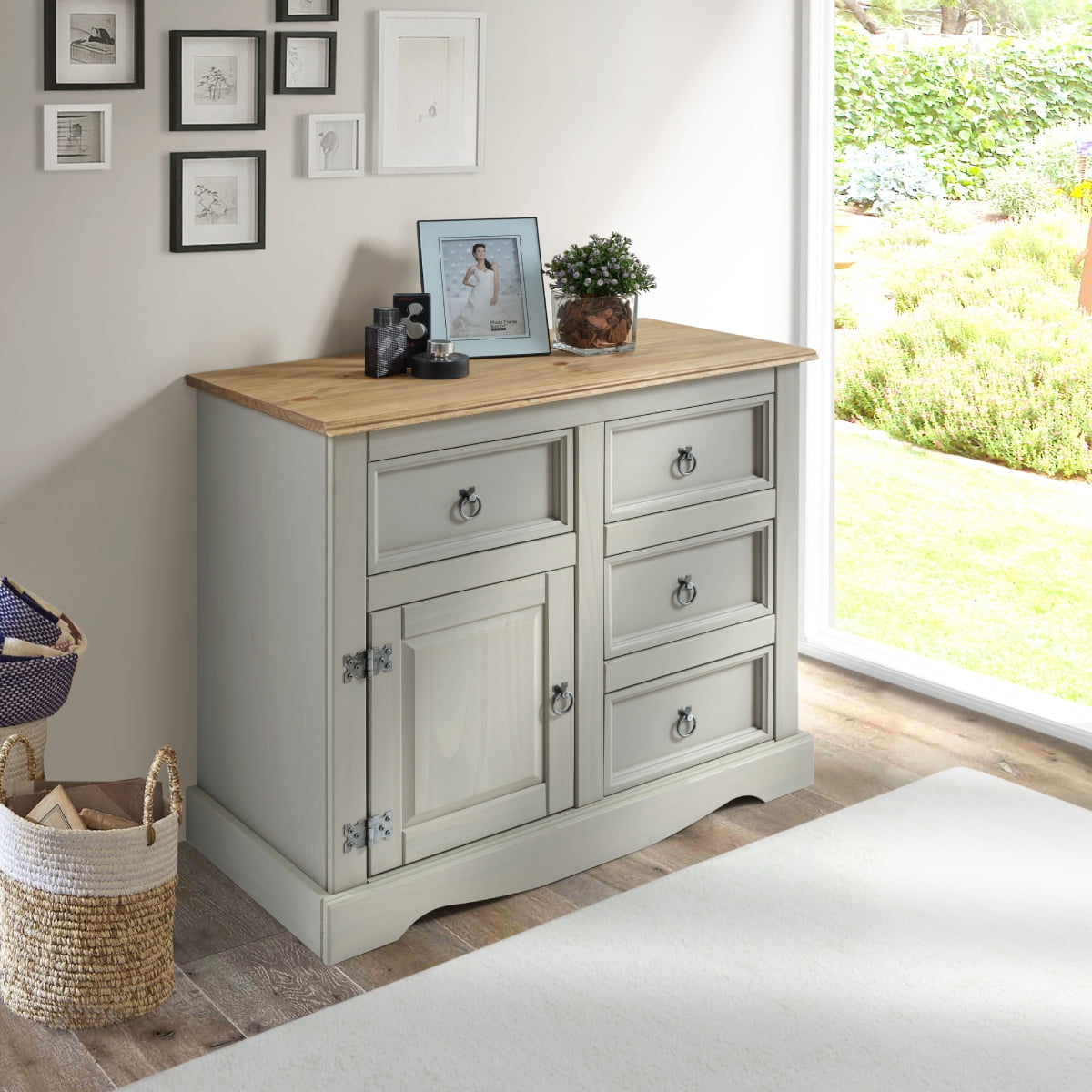 Cottage Series Compact Gray Wash Pine Wood Buffet Sideboard