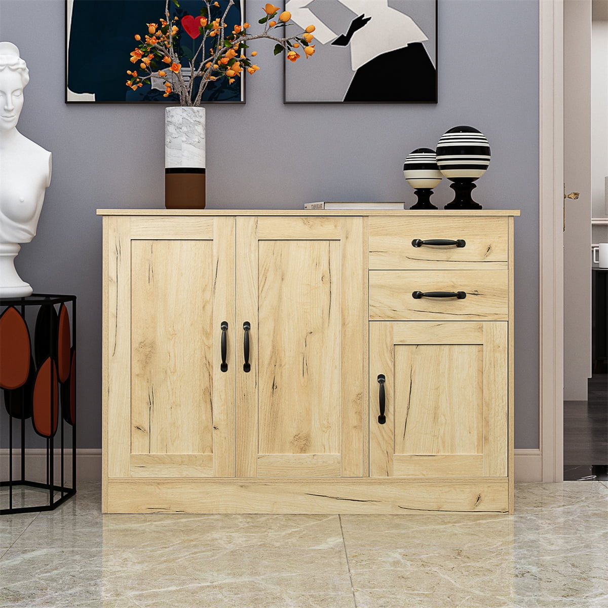 Wood Buffet Sideboard with 2 Doors Modern Storage Cabinet Console Table with Adjustable Shelf Kitchen Unit Sideboard Cabinet with 2 drawers Accent