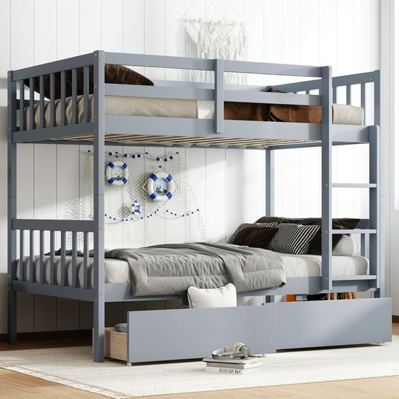 Wood Bunk Bed with Drawers, Twin Over Twin Size Convertible Bunk Bed with Two Storage Drawers and Ladders, Can be Devided into 2 Beds, No Spring Box Needed, Grey