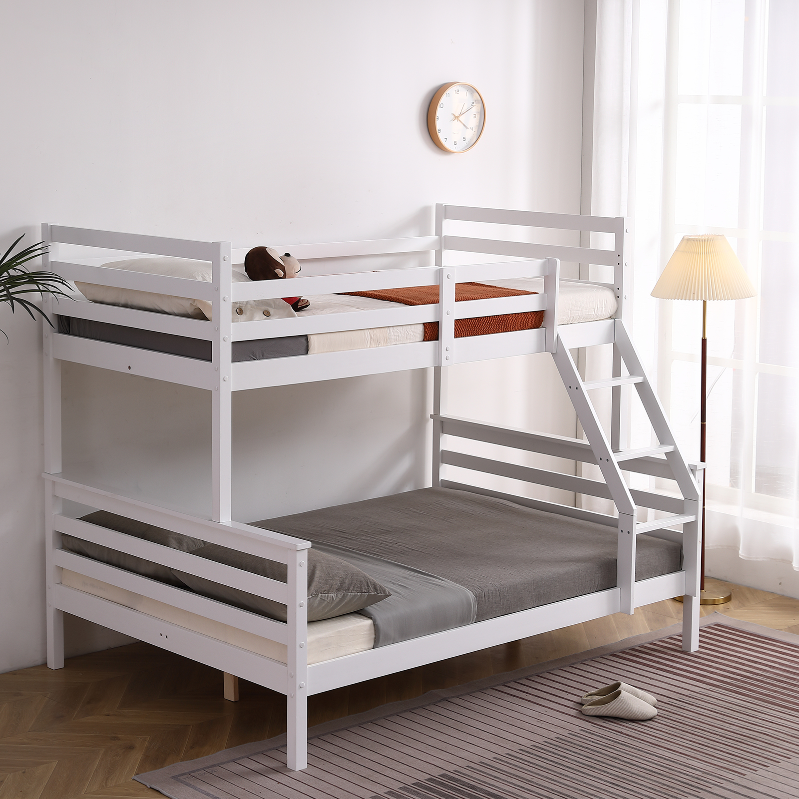 Wood Bunk Bed with Guard Rail, Wooden Triple Sleeper Bed Frame for Kids