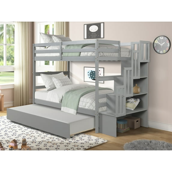 Wood Bunk Bed with Trundle, Twin Over Twin Stairway Bunk Bed with 3 Storage Shelves Low Bunk Bed Frame with Stairs and Full-Length Guardrail for Boys Girls No Box Spring Needed, Easy Assembly, Gray