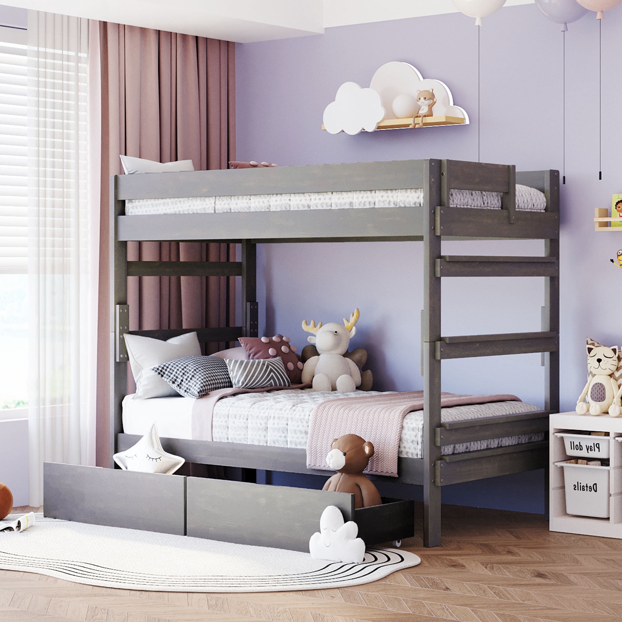 Wood Bunk Bed, Twin Over Twin Bunk Beds with 2 Storage Drawers, Wood