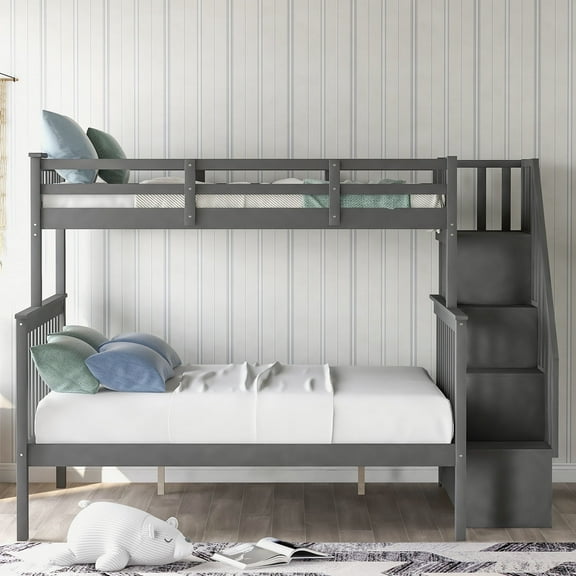 Wood Bunk Beds Twin-Over-Full Wood Bed Frame with Upper Bunk , Sturdy Solid Wood Twin-Over-Full Bunk Bed w/ 4 Storage Shelves, 4-Step Ladder, Full-Length Guardrails, Bed Twin , SS664