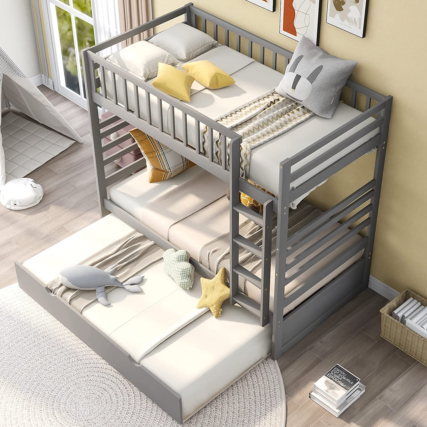 Wood Bunk Beds With Movable Trundle Bed,Safety Full Length Guardrails