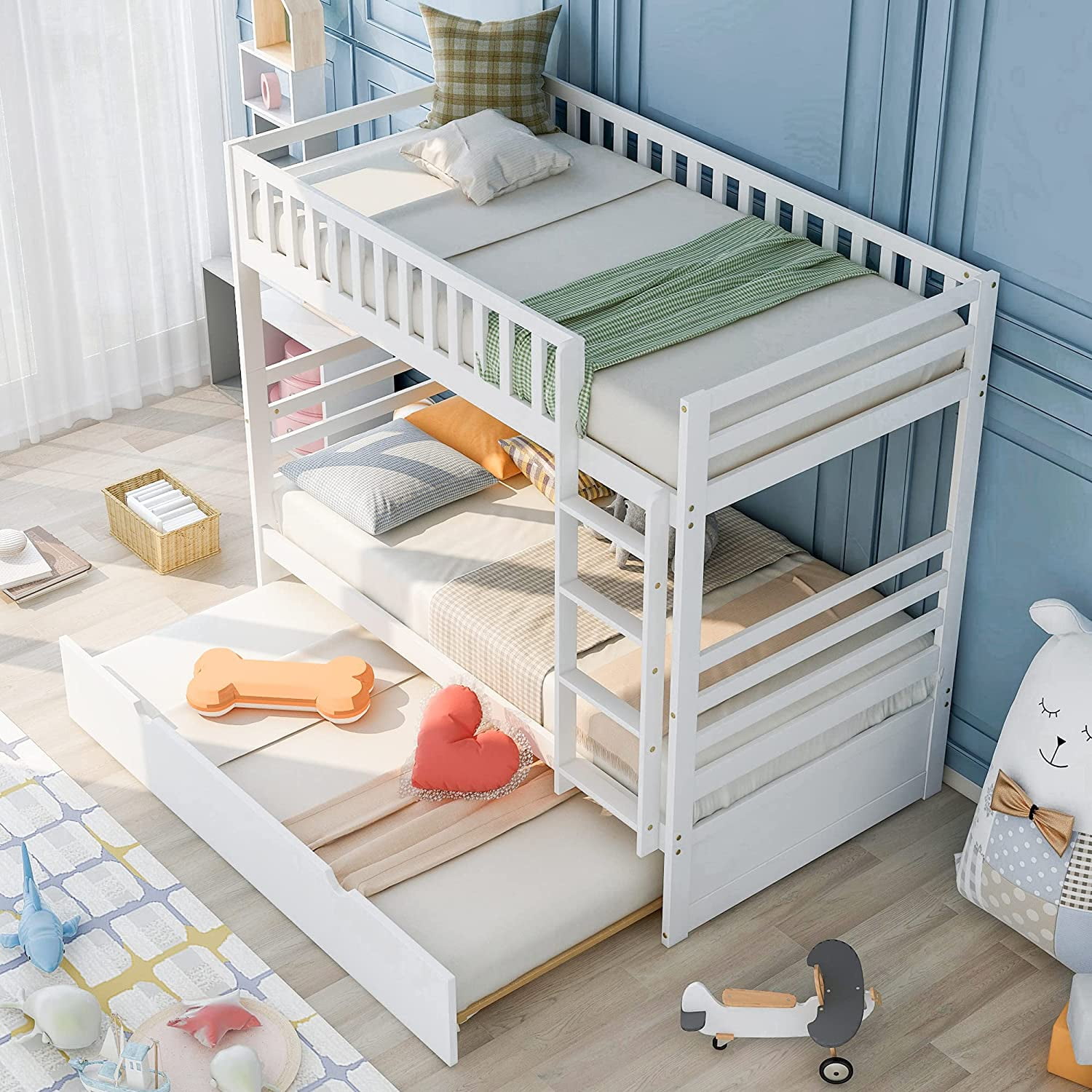 Wood Bunk Beds With Movable Trundle Bed,Safety Full Length Guardrails