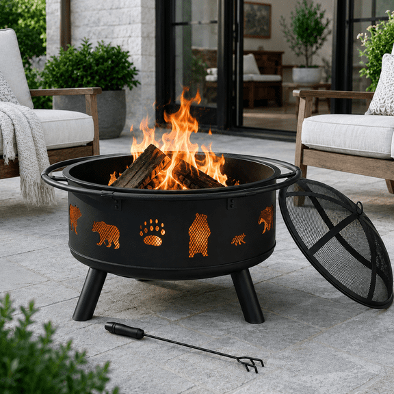 Wood Burning Bonfire Pit for Outside, 30'' Round Outdoor Firepit with Hinged Spark Screen, Lift Ring, Log Grate and Bear Cutouts, Heavy Duty Wrought Iron for Backyard, Patio and Garden, Black