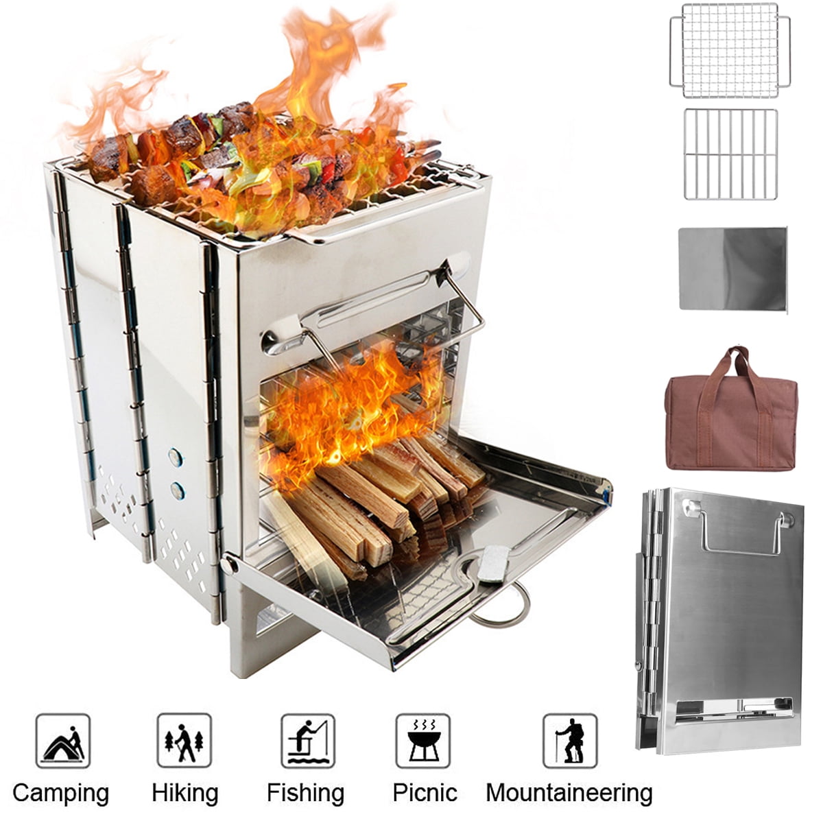 HQinX Wood Burning Camping Stove,Portable Collapsible Camping Stove,Stainless Steel Folding Backpacking Survival Stove,Campfire Stove,for Hiking Outdoor Tent Camping Picnic BBQ