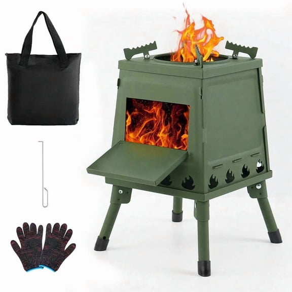 Wood Burning Camp Stove, Portable Cast Iron Camping Wood Stove, Black Woodstove With Carrying Case For Backpacking Outdoor Cooking