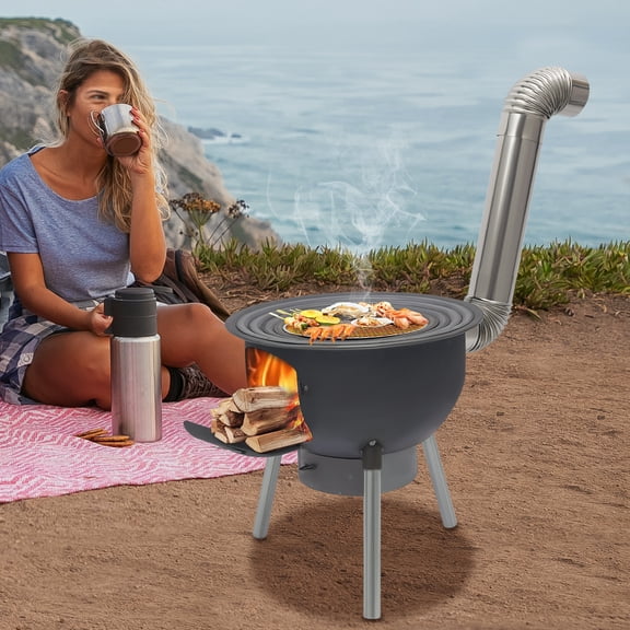 Wood Burning Camping Stove, 20.5" Portable Rocket Stove with 4 Wok Rings & Grill Rack, Heavy-Duty Steel Outdoor Cooker for BBQ, Backyard, Patio & Picnic (Black)