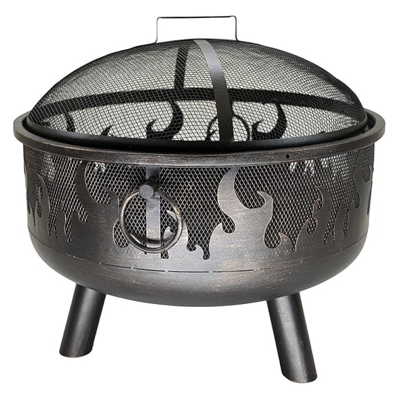 Wood Burning Fire Pit - 24.25" Oil Rubbed Bronze - Outdoor Fireplace with Mesh Spark Screen & Lid