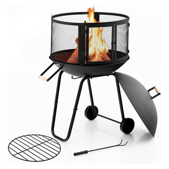 Wood Burning Fire Pit XYT 28-Inch Wire Mesh Doors Rolling for Outdoor Patio Deck with Accessories