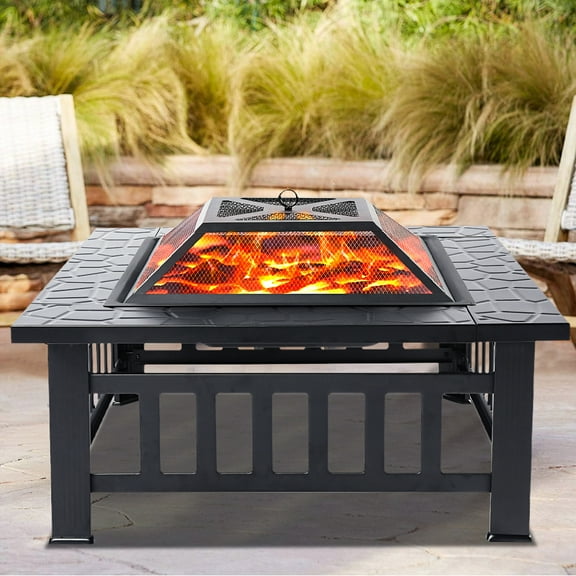 Wood Burning Fire Pits for Outside, 32" Square Iron Fire Pit Backyard Patio Garden Stove Wood Burning Fire Pit w/ Mesh Screen Lid, Wood Grate, Poker, Durable Fire Pit, Q5946