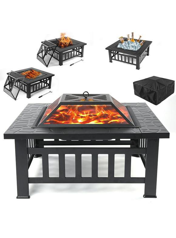 Wood Burning Fire Pits for Outside, 32" Square Iron Fire Pit Backyard Patio Garden Stove Wood Burning Fire Pit w/ BBQ Net, Waterprrof Cover, Mesh Screen Lid, Wood Grate, Poker, Durable Fire Pit