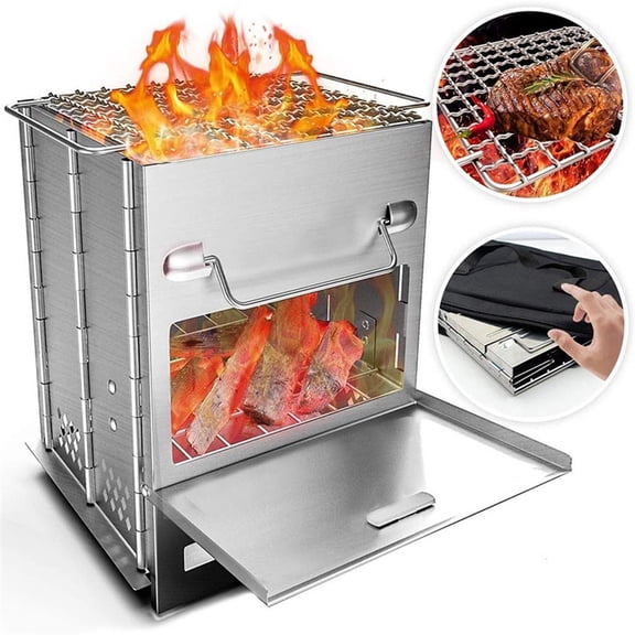 Wood Burning Folding Camp Stove Stainless Steel Grid, Portable Collapsible Backpacking Stove Survival Rocket Stove for Hiking Outdoor Tent Camping Picnic BBQ(8.26x5.9x5.9in,Silver)