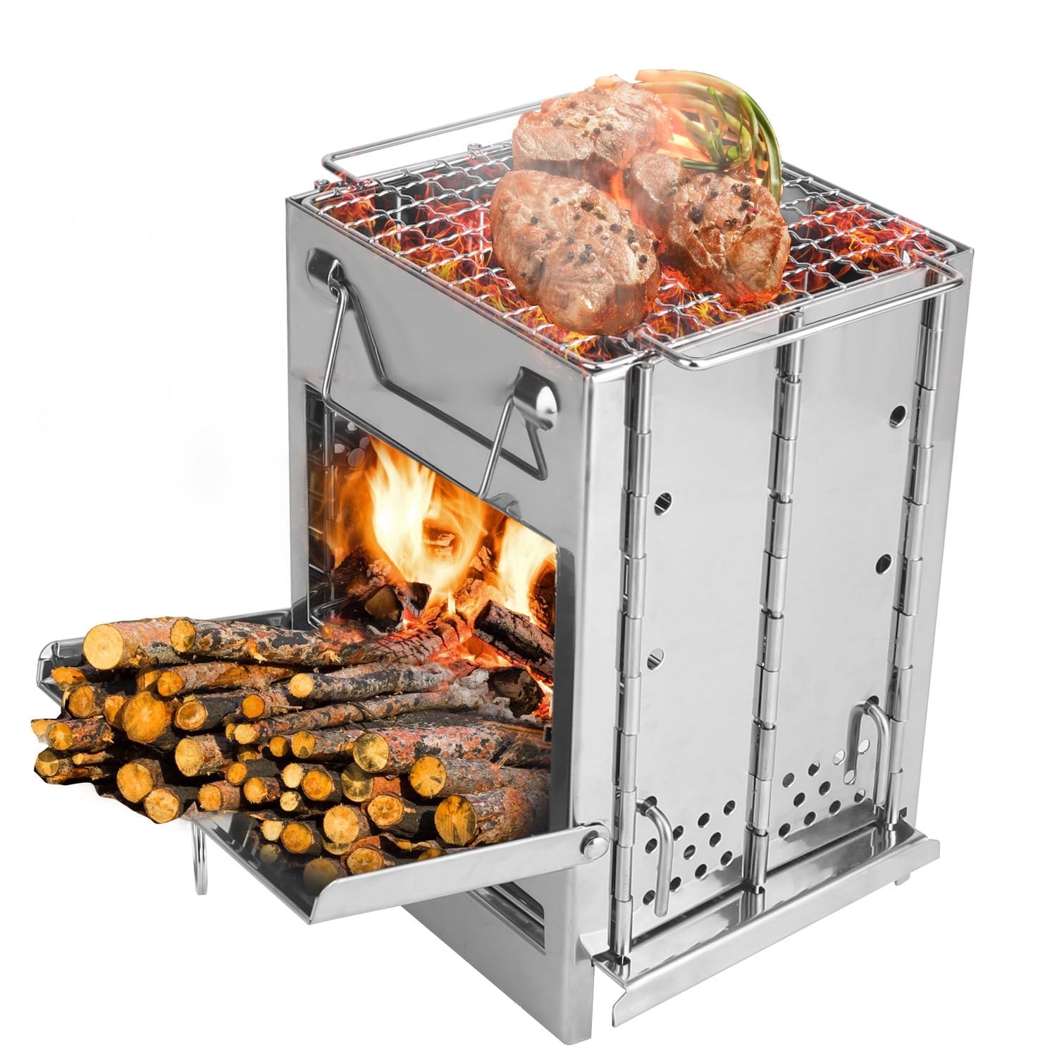 Wood Burning Folding Camp Stove Stainless Steel Grid, Small Mini Portable Collapsible Backpacking Stove Travel Charcoal Stove for Hiking Outdoor Tent Camping Picnic BBQ